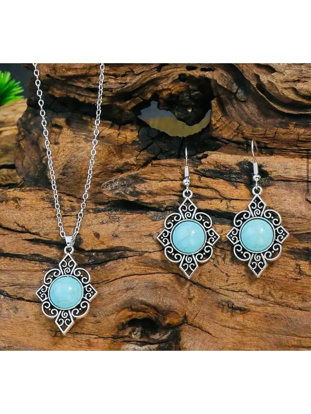 New - Glamorous Inlaid Turquoise Vintage Flower Jewelry Set